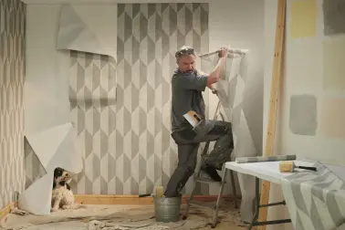 Ein Mann steht auf einer Leiter in einem Zimmer. Er steht mit einem Fuß in einem Eimer. Die Tapete an der Wand löst sich. Ein Hund wird von der sich ablösenden Tapete überdeckt.