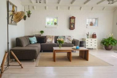 Wohnzimmer mit Sofa, Couchtisch, Teppich,, Pflanzen, einer großen Stehlampe und einer alten Uhr an der Wand.