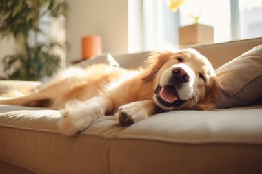 Blonder Hund (Golden Retriever) liegt auf einem Sofa. Sein helles Fell wird von der Sonne angeleuchtet. Der Hund hat den Mund entspannt geöffnet und die Augen geschlossen.
