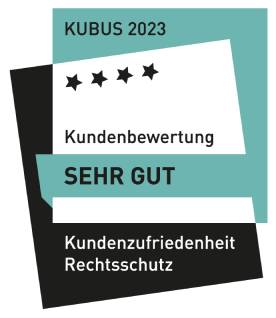 Kubus Siegel: 4 Sterne in der Kategorie Kundenzufriedenheit Rechtsschutz. Bewertung: Sehr gut